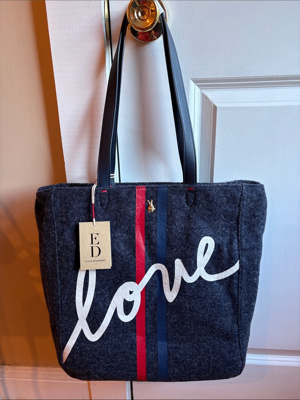 Ellen Degeneres Charcoal Tote with White Script and Red & Navy Stripes